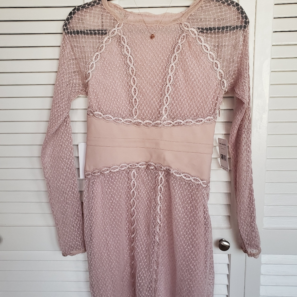 FINAL PRICE!! DONATING SOON⏰ NWT Free People Mixed Mesh Bodycon Dress Champagne - Picture 3 of 7